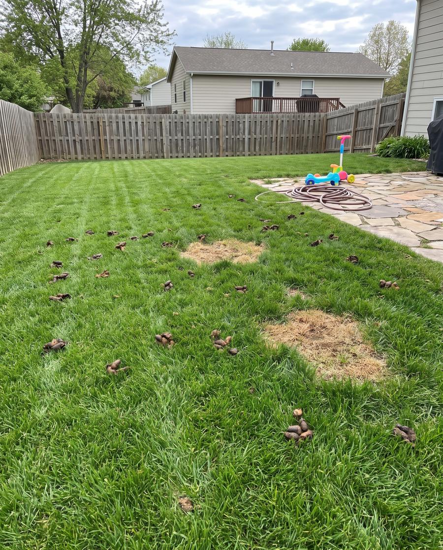 A Long Island backyard before a Scoopsit pet waste removal visit, with waste visible on the lawn