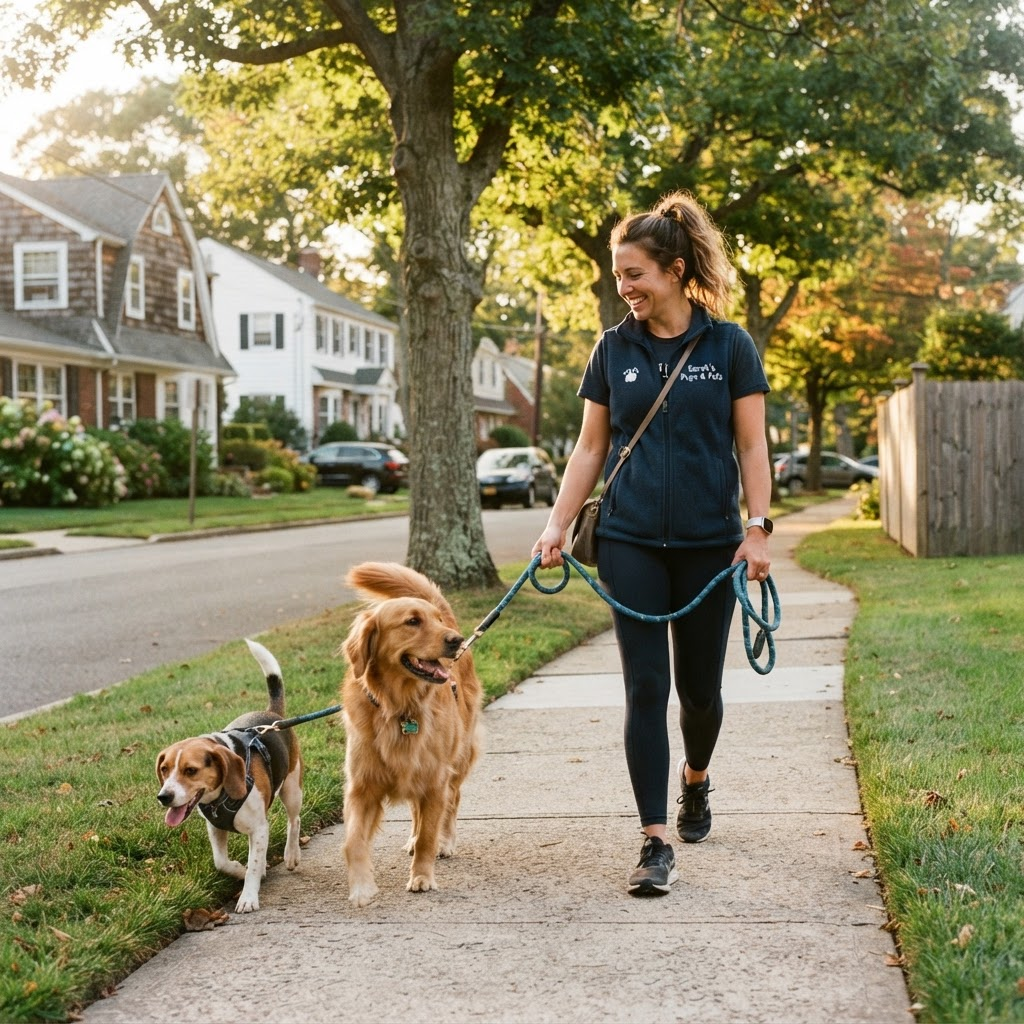 Scoopsit team member walking two happy dogs on a Long Island sidewalk